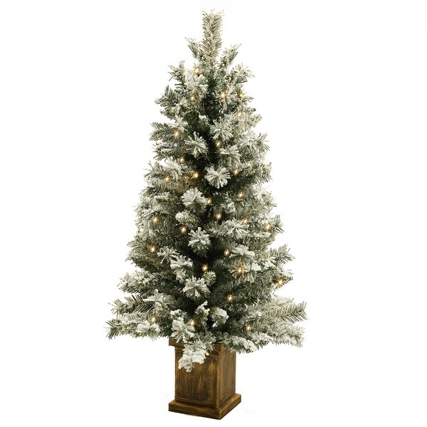 4Ft PreLit Potted Artificial Flocked Fir Christmas Tree，BatteryOperated with Timer