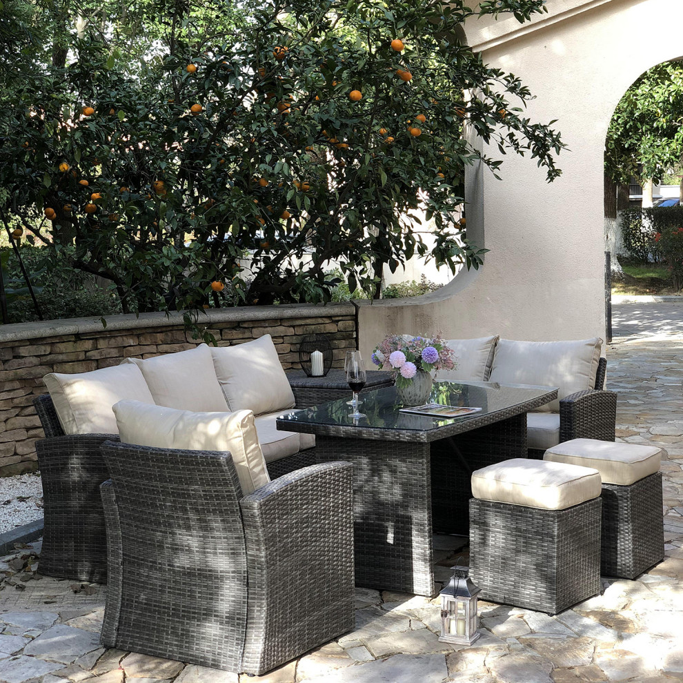 Cushioned 7 Piece Wicker Patio Sectional Sofa Dining Set with Storage Box   Tropical   Outdoor Dining Sets   by Abrihome  Houzz