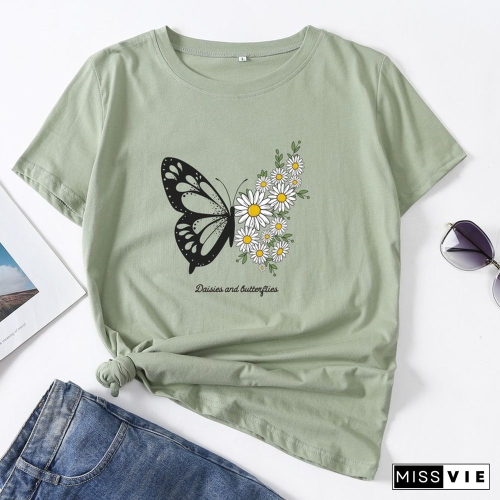 Summer Women Casual Short Sleeve T-shirt Butterfly Flower Print Female Fashion Graphic T Shirt Ladies Daily Loose O-Neck Tee Top