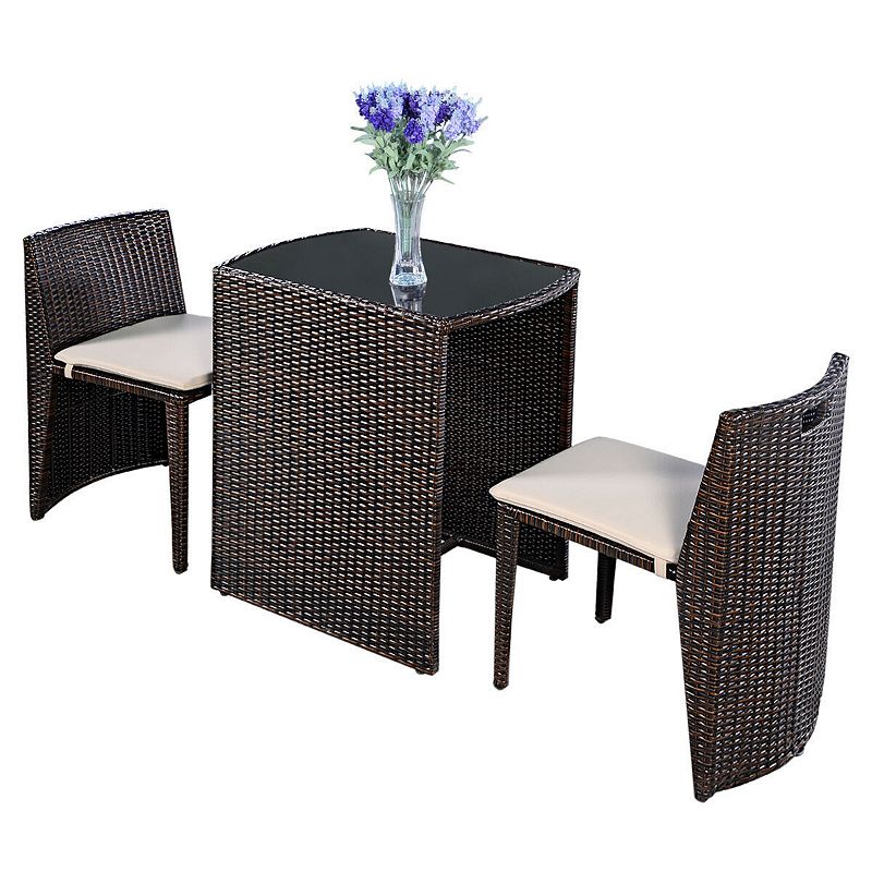 3 Pieces Cushioned Wicker Patio Bistro Set