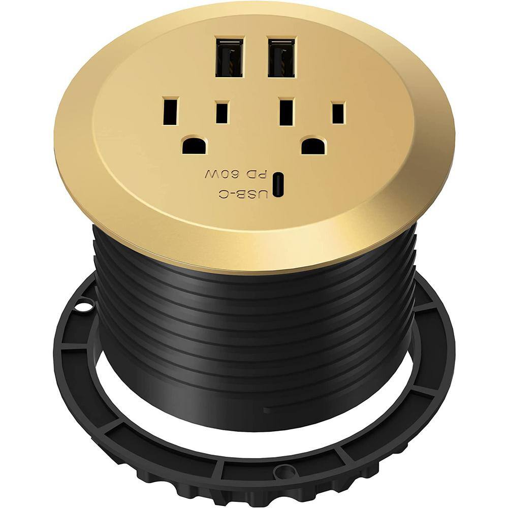 TOPGREENER 12 Amp 2-Outlets Desktop Grommet 60-Watt Power Delivery Type C Port 3-USB Charging Ports Gold TTRP48APD60-GD