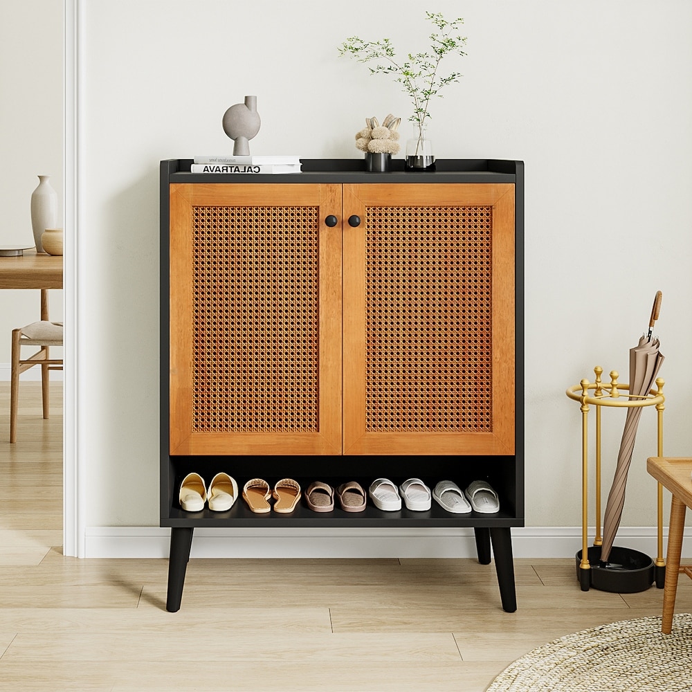 Shoe Cabinet with Doors  Rattan Shoe Storage Cabinet  6 Tier Shoes Organizer Cabinets for Entryway