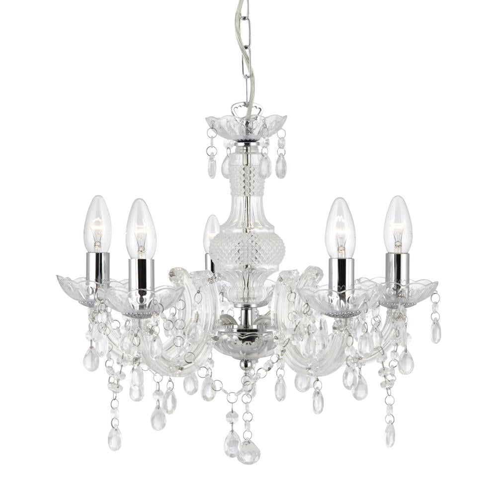 Searchlight 1455-5CL Marie Therese Clear 5 Lamp Pendant Light with Acrylic Glass Drops