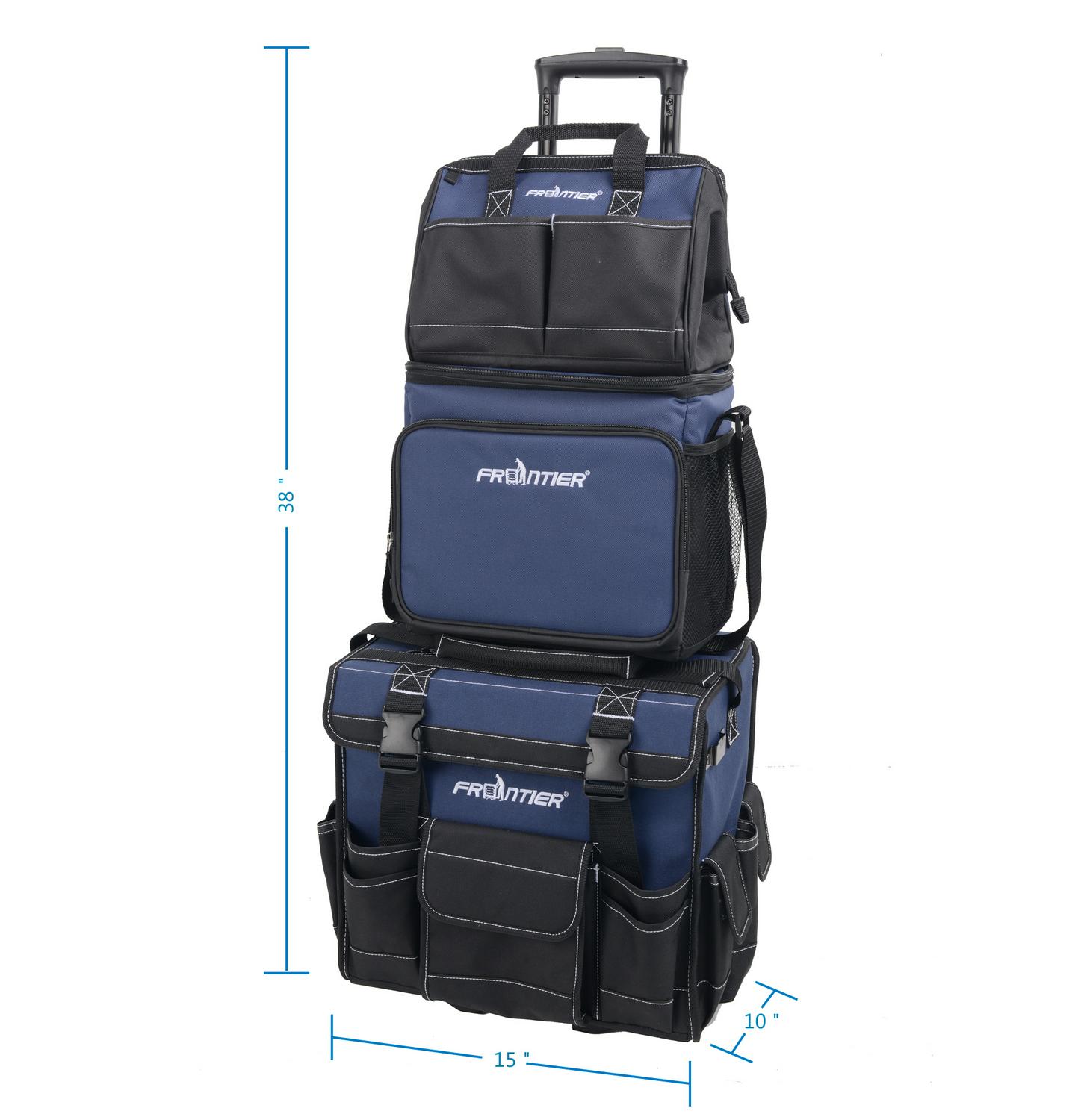 Frontier 3 Piece Tool Bag Combo Set with 15-inch Rolling Tool Bag， 12-inch Tool Bag and Insulated Cooler Bag