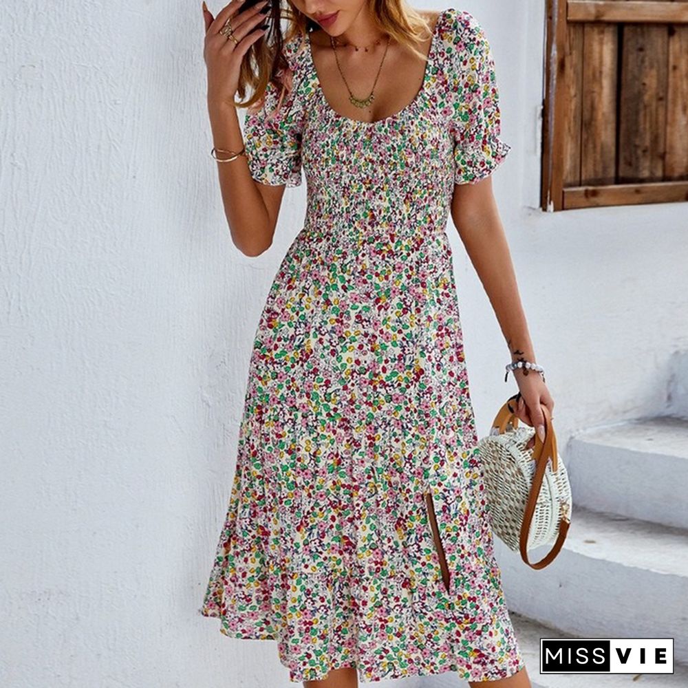 Casual Bohemian Print Dress Women Summer Dresses New Empire Crew Neck Short Petal Sleeves Large Hem Split A-line Midi Dress