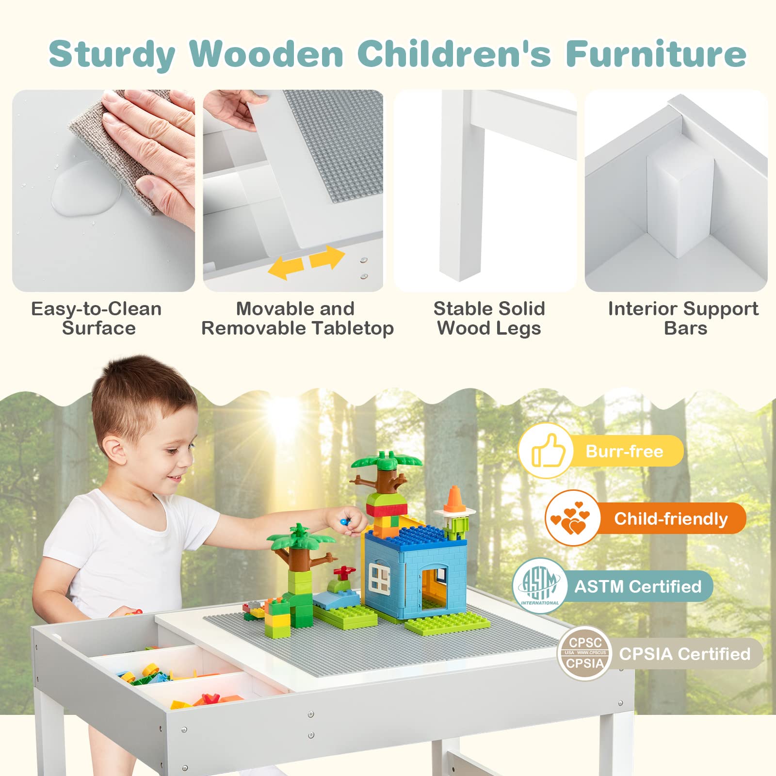 Costzon Kids Table, 3 in 1 Wooden Building Block Desk w/Storage