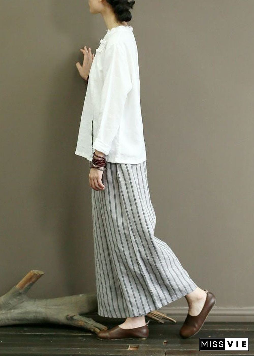 French Grey Pockets Striped Linen Straight Pants Summer