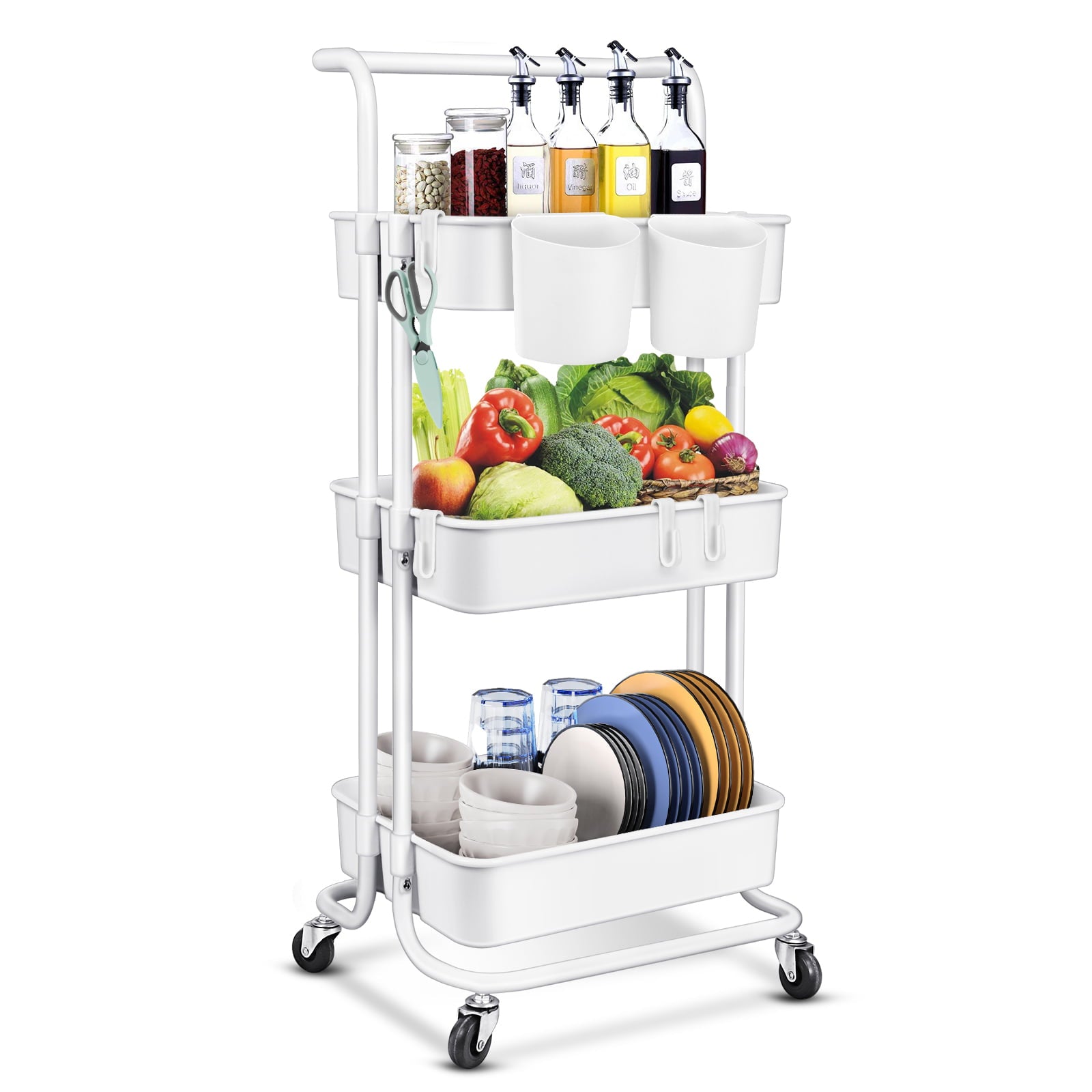 3-Tier Utility Rolling Cart，Mobile Utility Cart with Lockable Caster Wheels，Storage Shelves Organizer Cart， 4 Hanging Baskets， Easy Assembly，for Bathroom， Kitchen， Office， Workshop，White