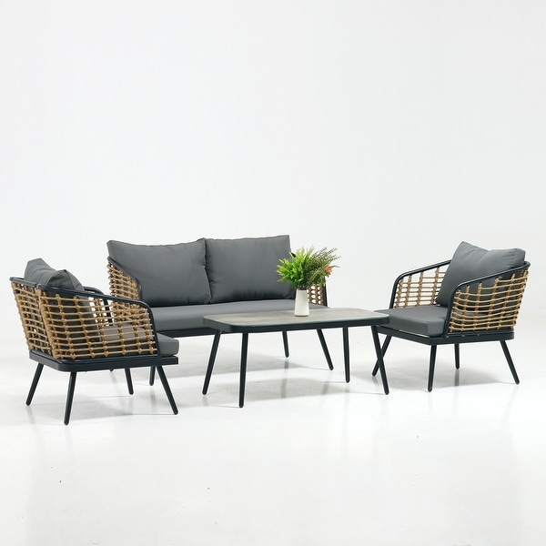 4Piece Rattan Wicker Outdoor Sofa Set with Cushions and Table