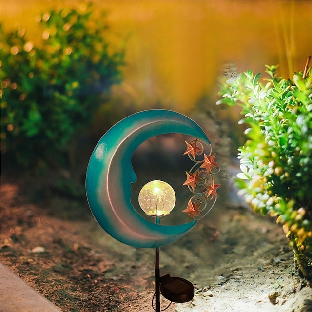 Outdoor Stars Moon Solar Power Light Romantic Moon Angel Retro Metal Lamp With Crackle Glass Globe Led For Courtyard Garden Landscape Lighting 1X