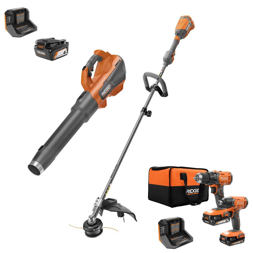 RIDGID 18V Brushless Cordless String Trimmer Leaf Blower DrillDriver and Impact Driver with (3) Batteries and (2) Chargers R019001-R9272