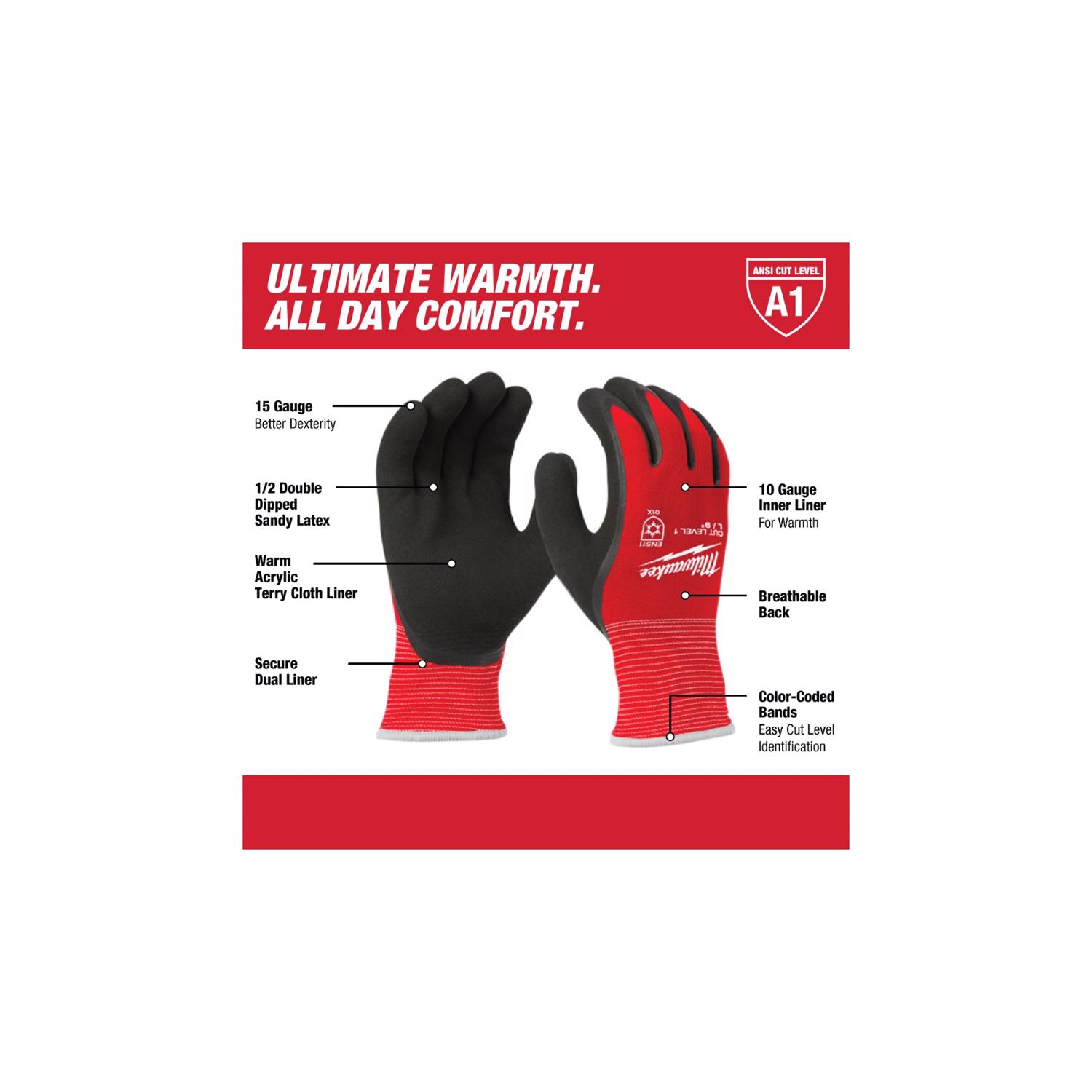 MW Unisex Indoor/Outdoor Winter Dipped Gloves Black/Red XL 1 pair