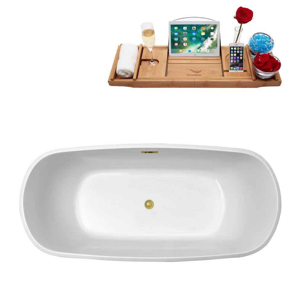 Streamline 59 in. Acrylic Flatbottom Non-Whirlpool Bathtub in Glossy White with Polished Gold Drain and Overflow Cover N660GLD