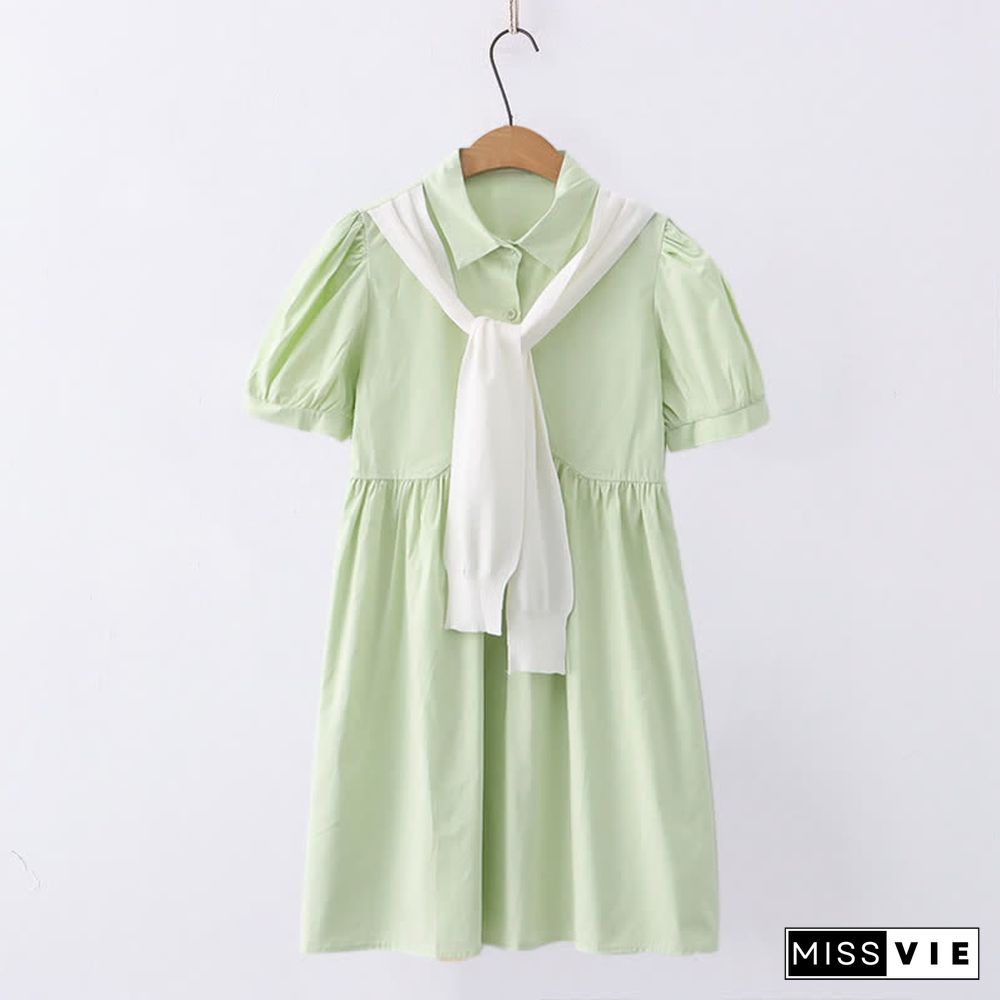 Loose Puff Sleeve A-line Lapel T-Shirt Dress