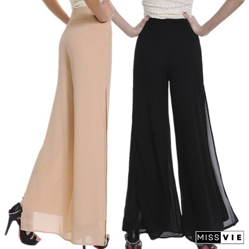 Skinny Wide-Leg Pants Chiffon Fashion High Waist Slit Solid Color Chiffon Pants Skirt Summer Casual Pants