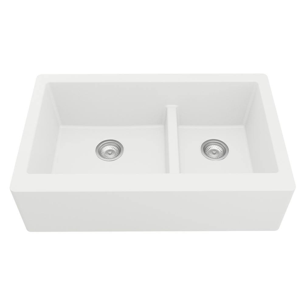 Karran QA-760 QuartzGranite 34 in. Double Bowl 6040 FarmhouseApron Front Kitchen Sink in White with Grid and Strainer QA-760-WH-PK1