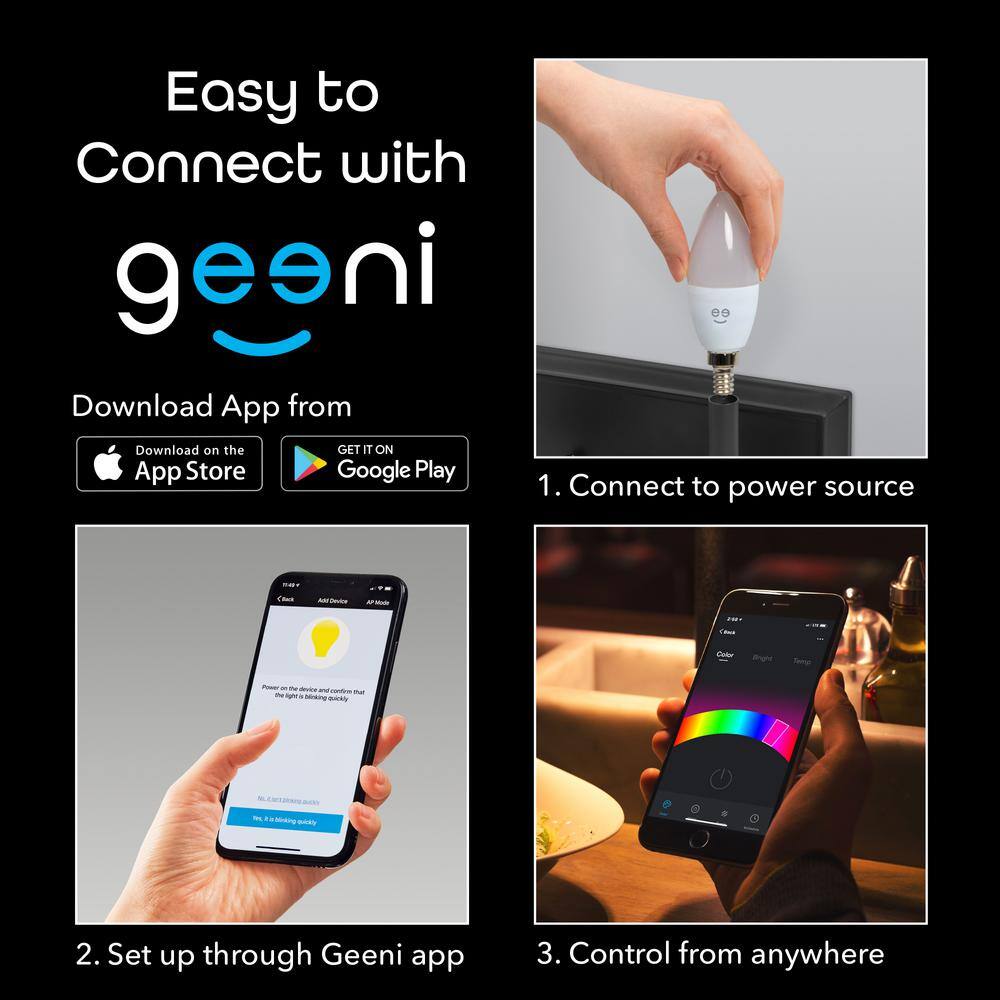 Geeni 40-Watt Equivalent Wi-Fi Smart B11 Edison Multicolor Tunable White LED Light Bulb(4-Pack) GN-BW425-999