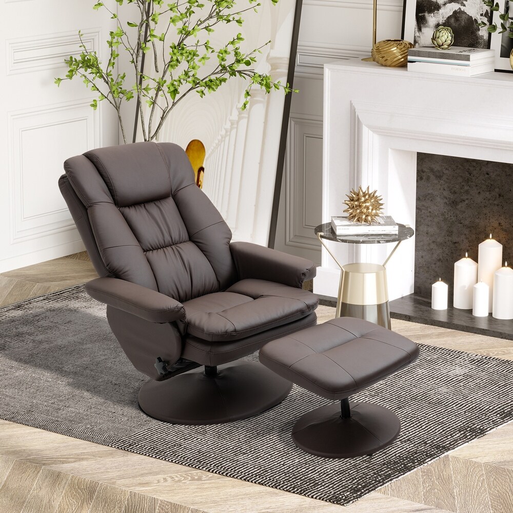 HOMCOM Recliner and Ottoman with Wrapped Base  Swivel PU Leather Reclining Chair with Footrest for Living Room