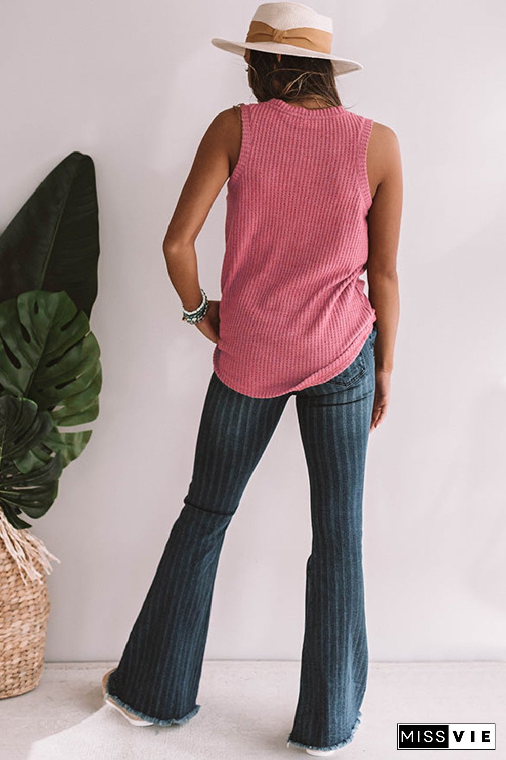 Red Twist Knot Waffle Knit Tank Top