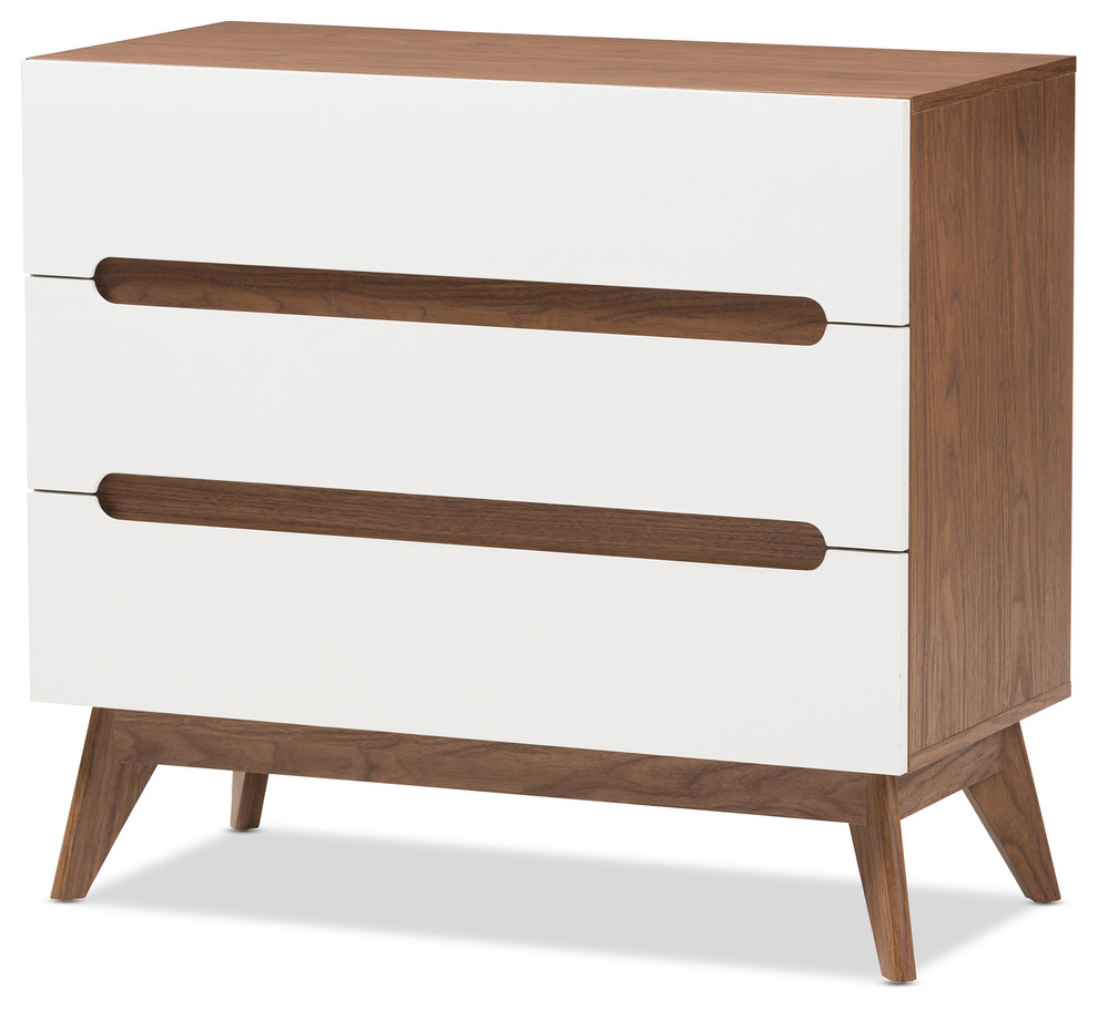 Calypso Mid Century Modern White and Walnut Wood 3 Drawer Storage Chest   Midcentury   Accent Chests And Cabinets   by HedgeApple  Houzz