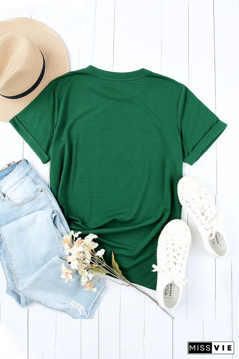 Green Solid Color Crew Neck Tee