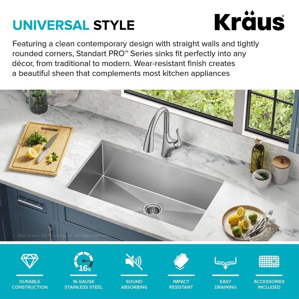 KRAUS Standart PRO 32 in. Undermount Single Bowl 16 Gauge Stainless Steel Kitchen Sink with Accessories KHU100-32