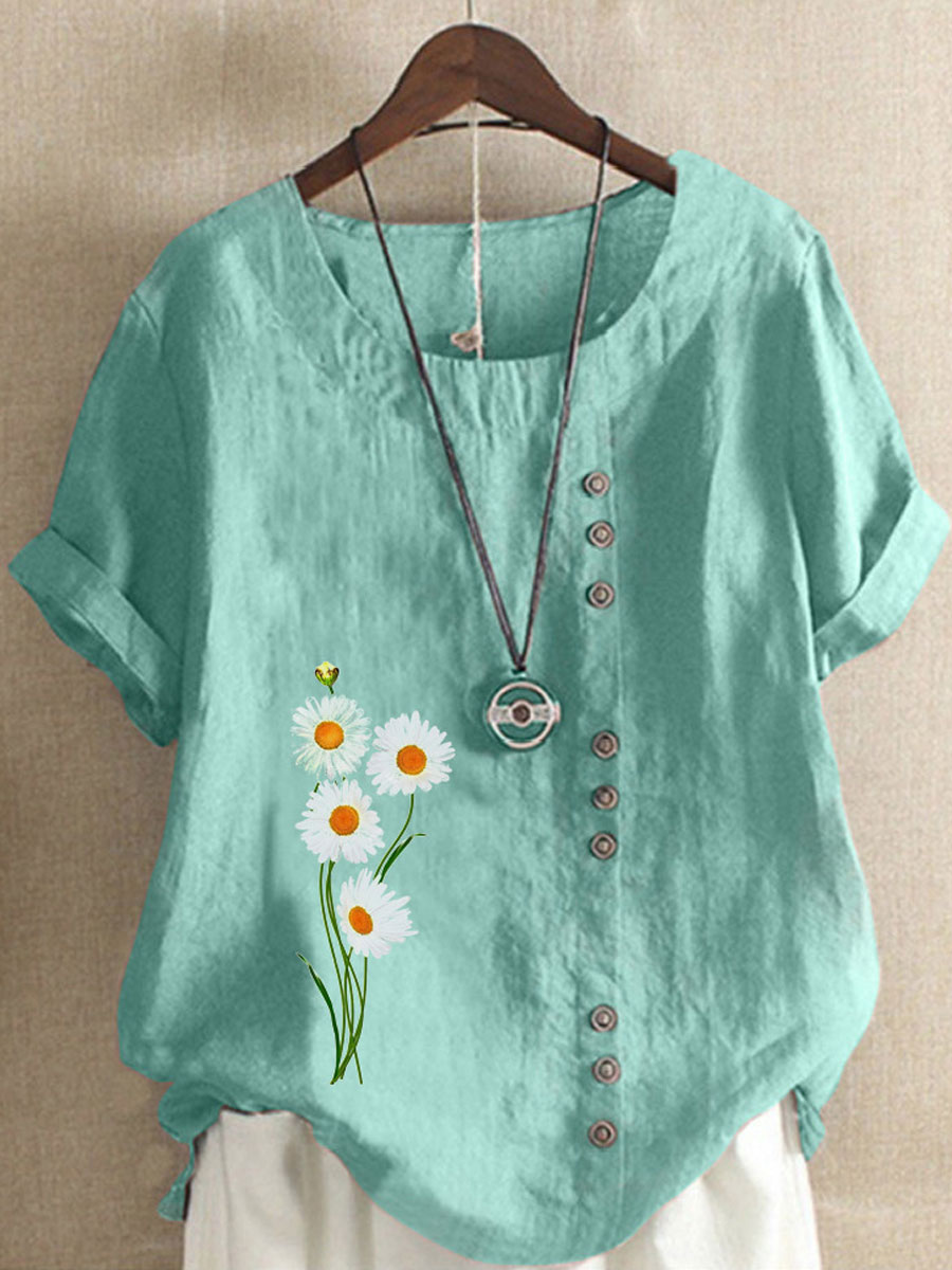 Round Neck Casual Loose Floral Print Short Sleeve Blouse