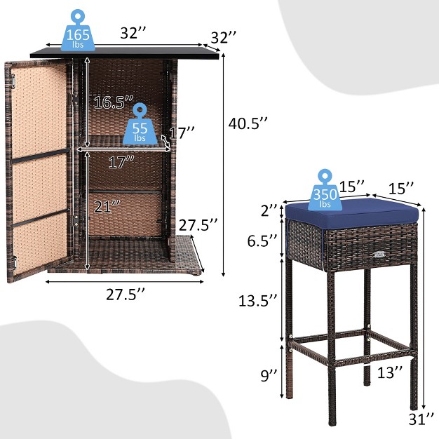 Costway 5pcs Patio Rattan Bar Table Stool Set Hidden Storage Shelf Cushioned