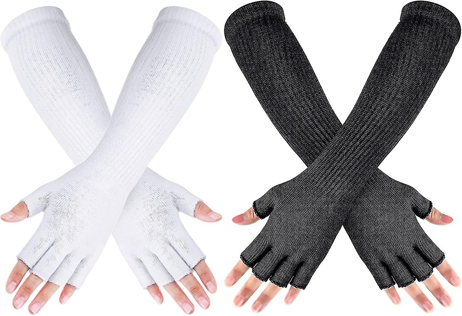 2 Pairs Winter Fingerless Gloves Long Thermal Knitted Mittens Stretchy Arm