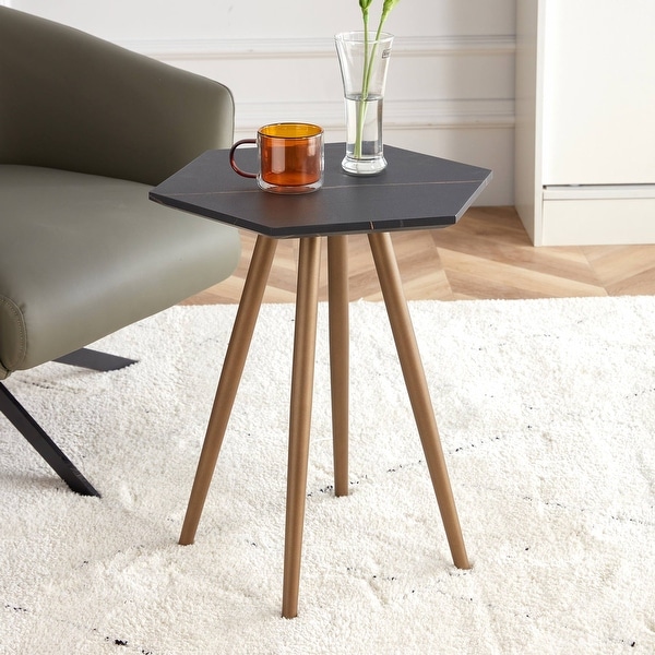 Modern Black Faux Marble End Table， Hexagon Side Table， Small Accent Coffee Table with Metal Legs