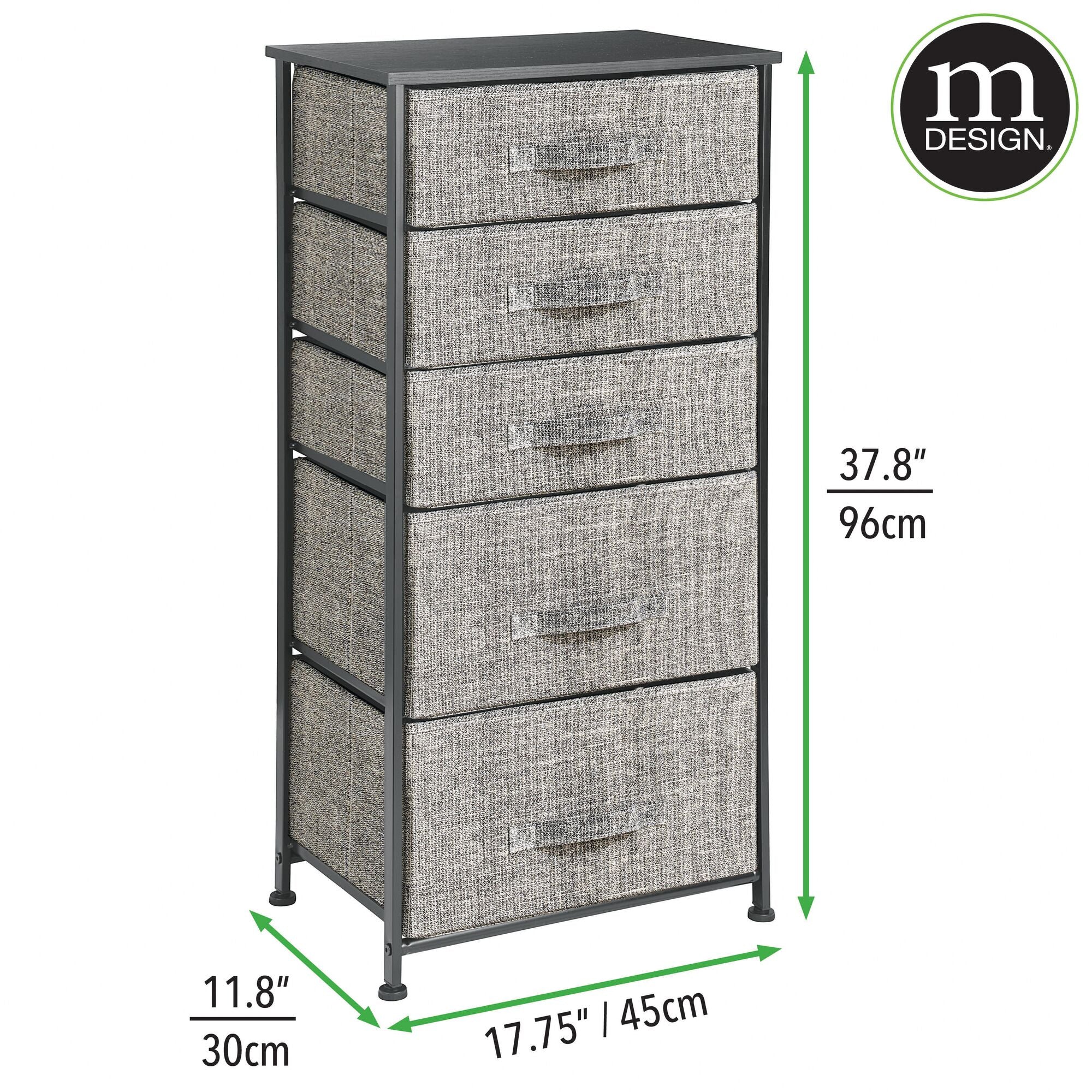 mDesign Storage Dresser Furniture Unit - Tall Standing Organizer Tower for Bedroom, Office, Living Room, and Closet - 5 Drawer Removable Fabric Bins - Black/Graphite Gray