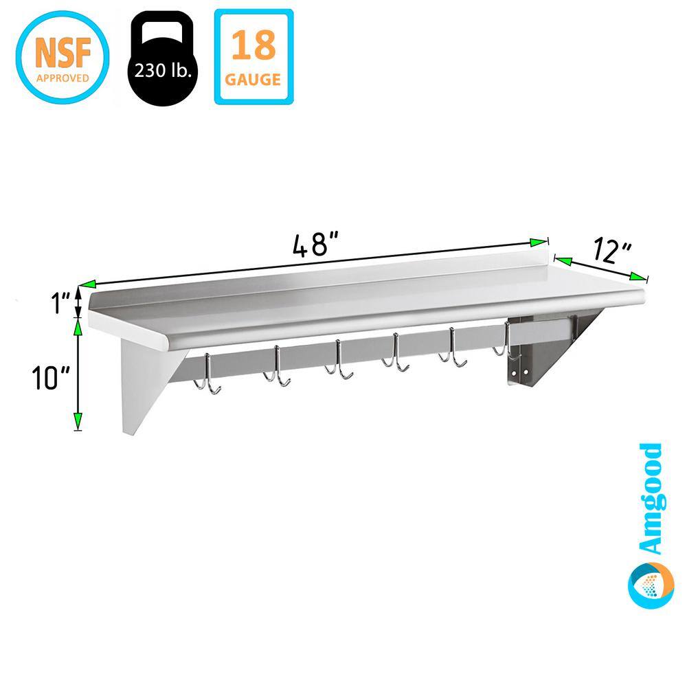 AMGOOD 48 in. W x 12 in. D Stainless Steel Wall Mounted Pot Rack with Shelf Kitchen Restaurant Room Decorative Wall Shelf AMG WS-PS-1248