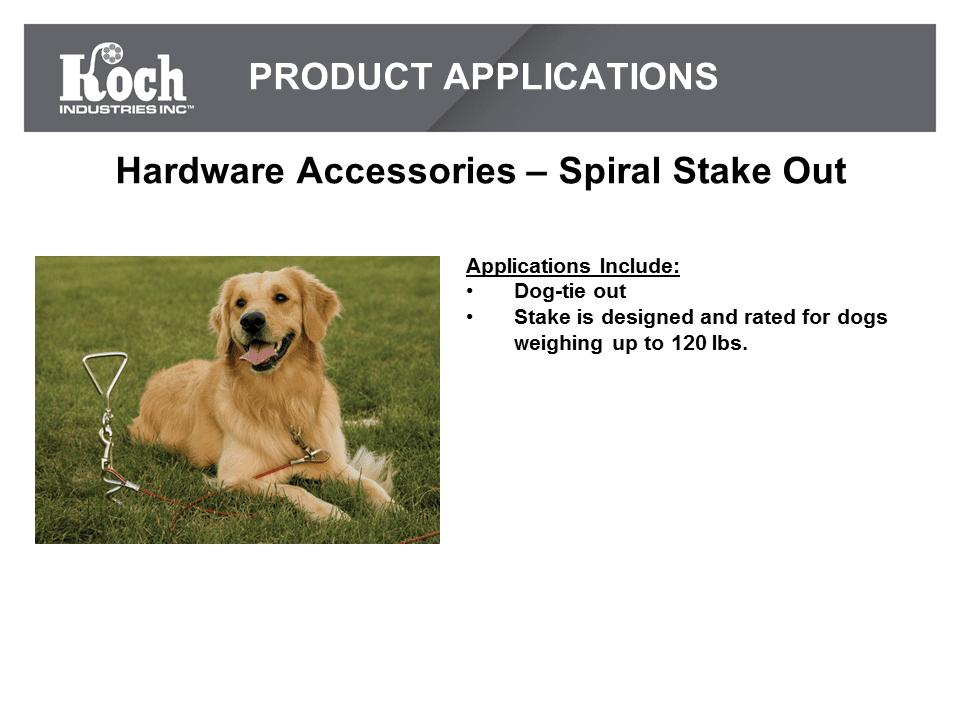 Secureline Item# 7517W, Spiral Tie Out Stake, Zinc Plated, 16", 1 Each, Hardware.  Tie out pets.  Easy to use just twist into the ground.  Swivel ring to secure pet lead.