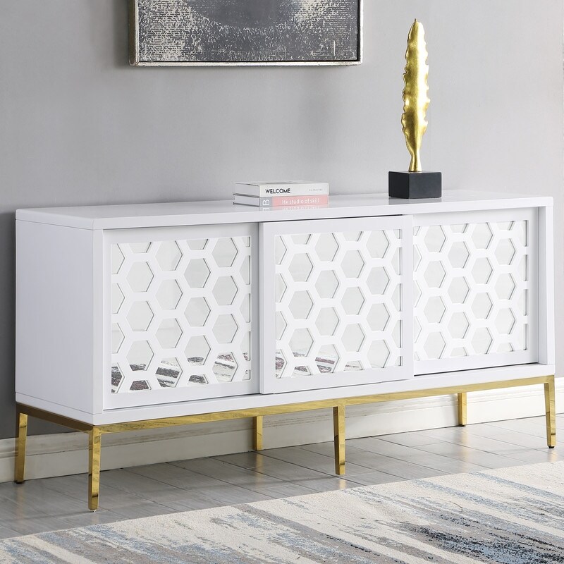 Best Master Furniture Meridian 64 Inch White Lacquered Sideboard with Gold Trim