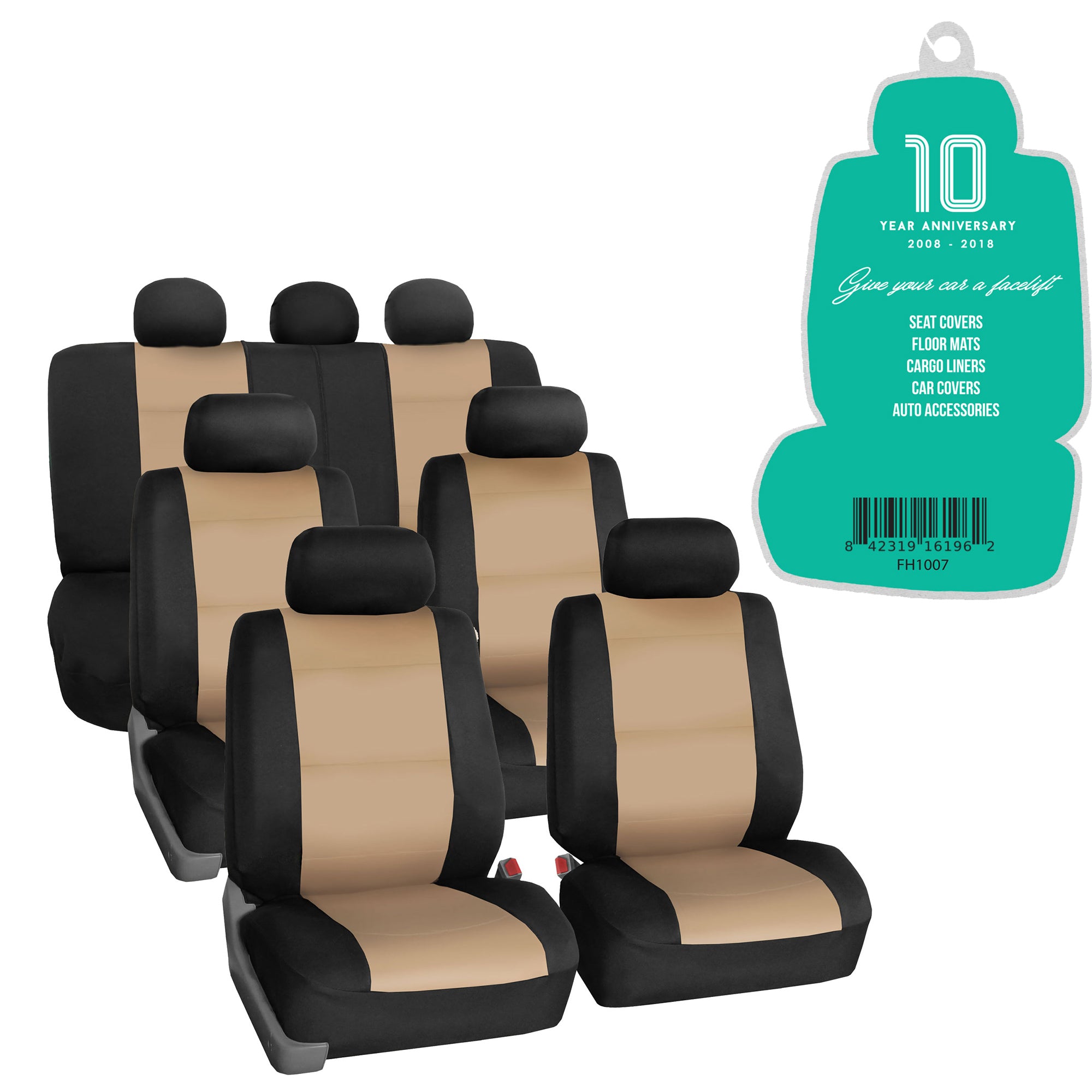 FH Group Neoprene 3 Row Car Seat Covers For SUV， Airbag Ready Split Bench 7 Seater， Beige Black with Free Air Freshener