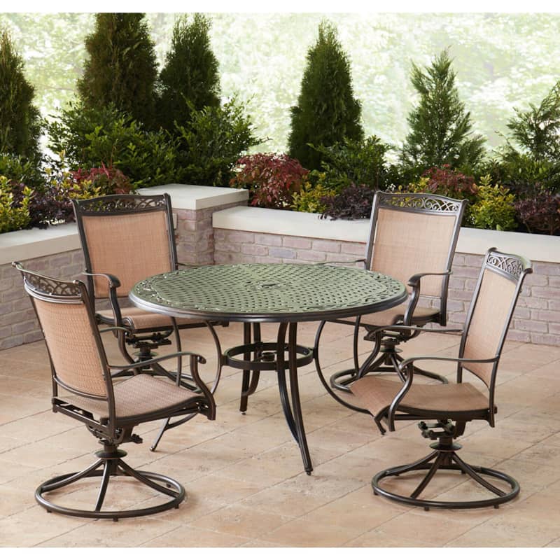 Hanover Fontana 5-Piece Outdoor Dining Set In Tan/Bronze With 4 Sling Swivel Rockers， 48 Round Cast-Top Table