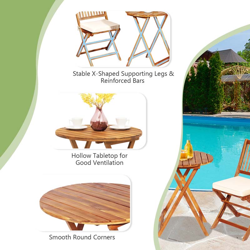 3 Pcs Acacia Wood Patio Folding Bistro Set Outdoor Chair Table Set with Padded Cushion & Round Coffee Table