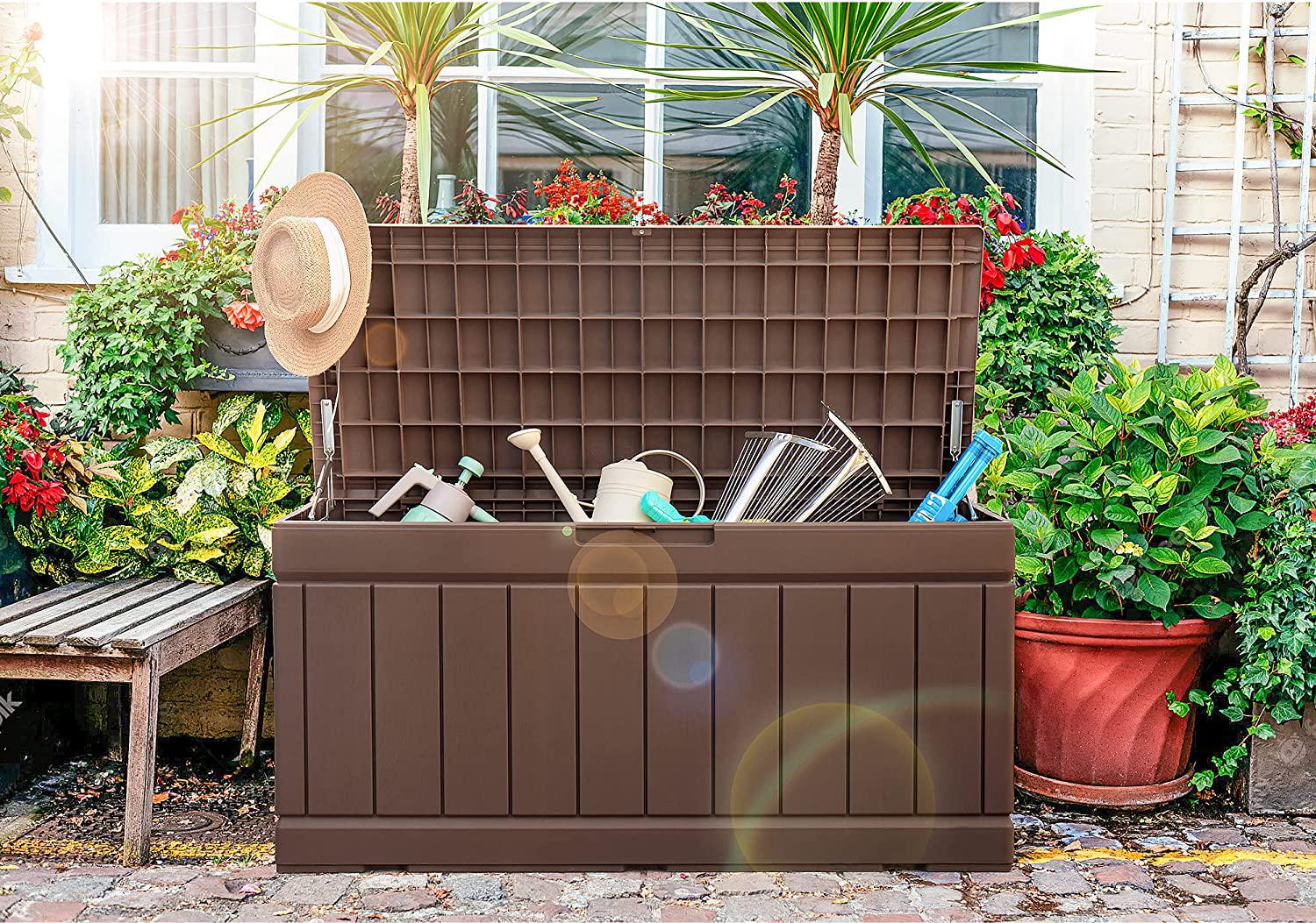 GUNJI 83 Gallons Storage Box Outdoor Waterproof Large Resin Deck Box Patio Storage Bench Lockable Storage Container for Outdoor Cushions, Garden Tools and Pool Supplies (Brown)