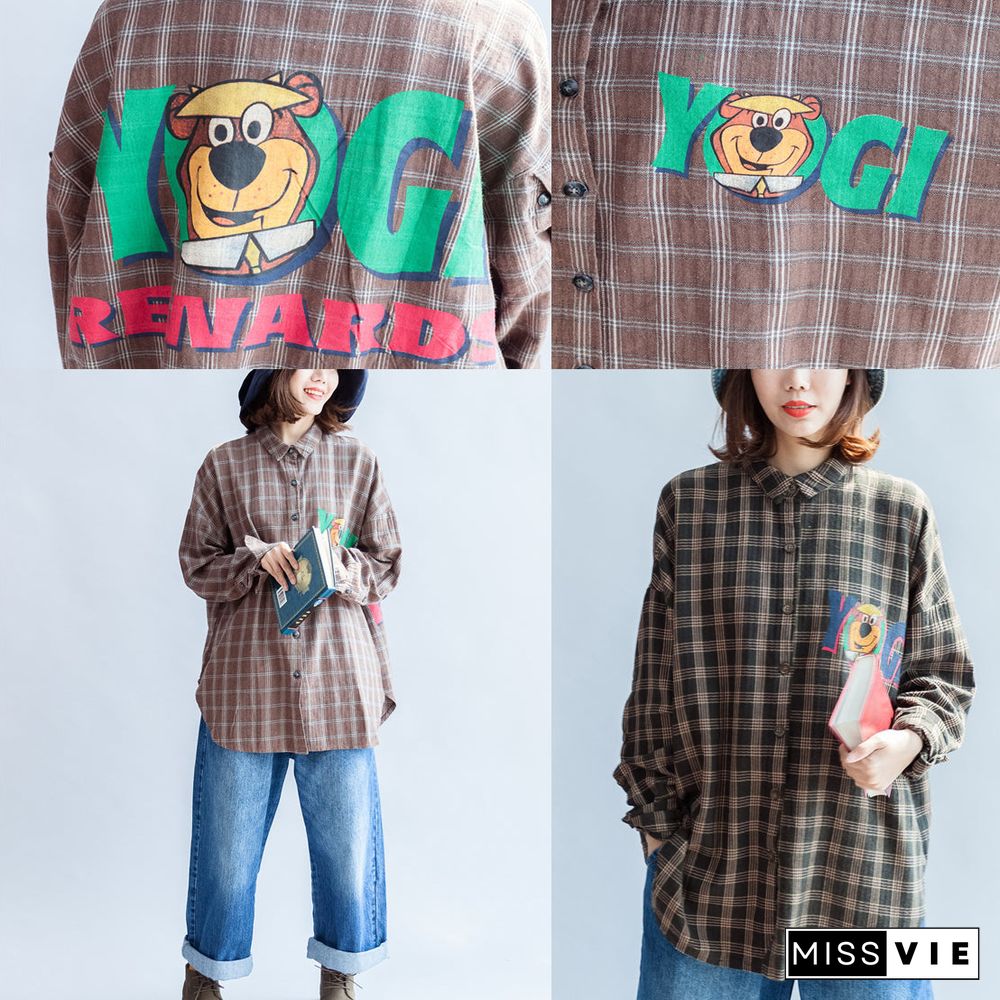 autumn casual blackish green cotton blouse oversize cartoon print batwing sleeve tops