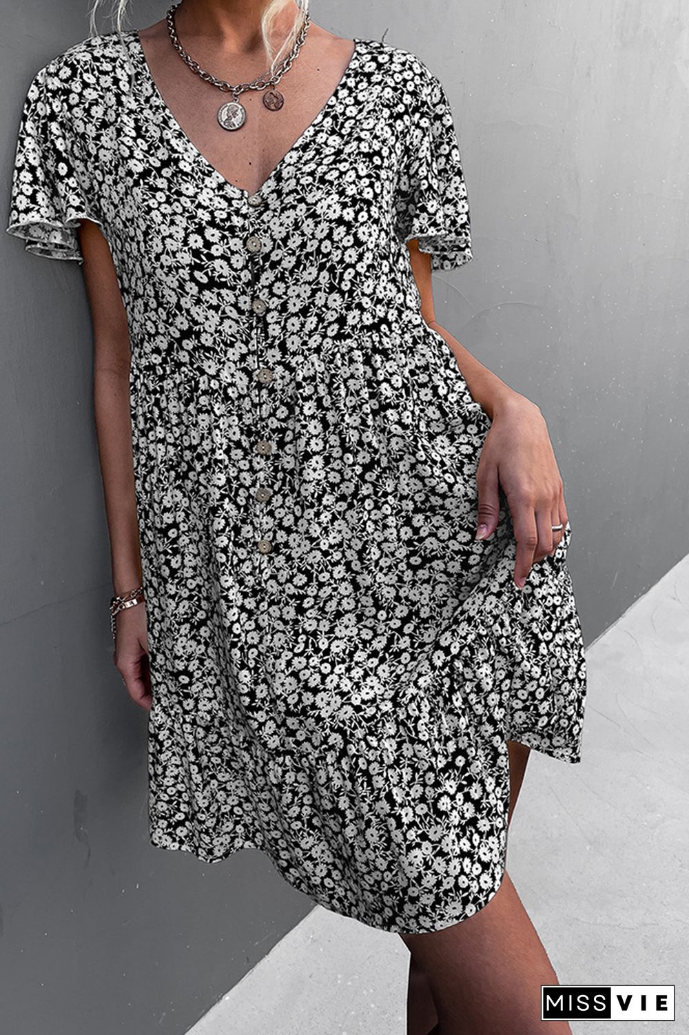 Ruffle Sleeves V Neck Floral Dress Wholesale