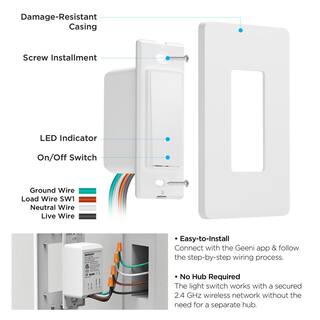 Merkury Innovations Smart Wi-Fi Light Switch White Single Pole with Voice Control Requires Neutral Wire MI-WW107-199W