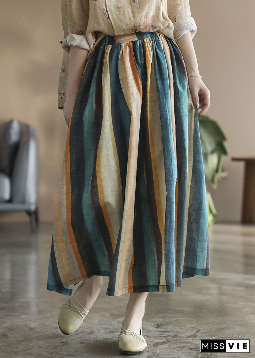 Chic Color stripe Striped Linen a line skirts Spring