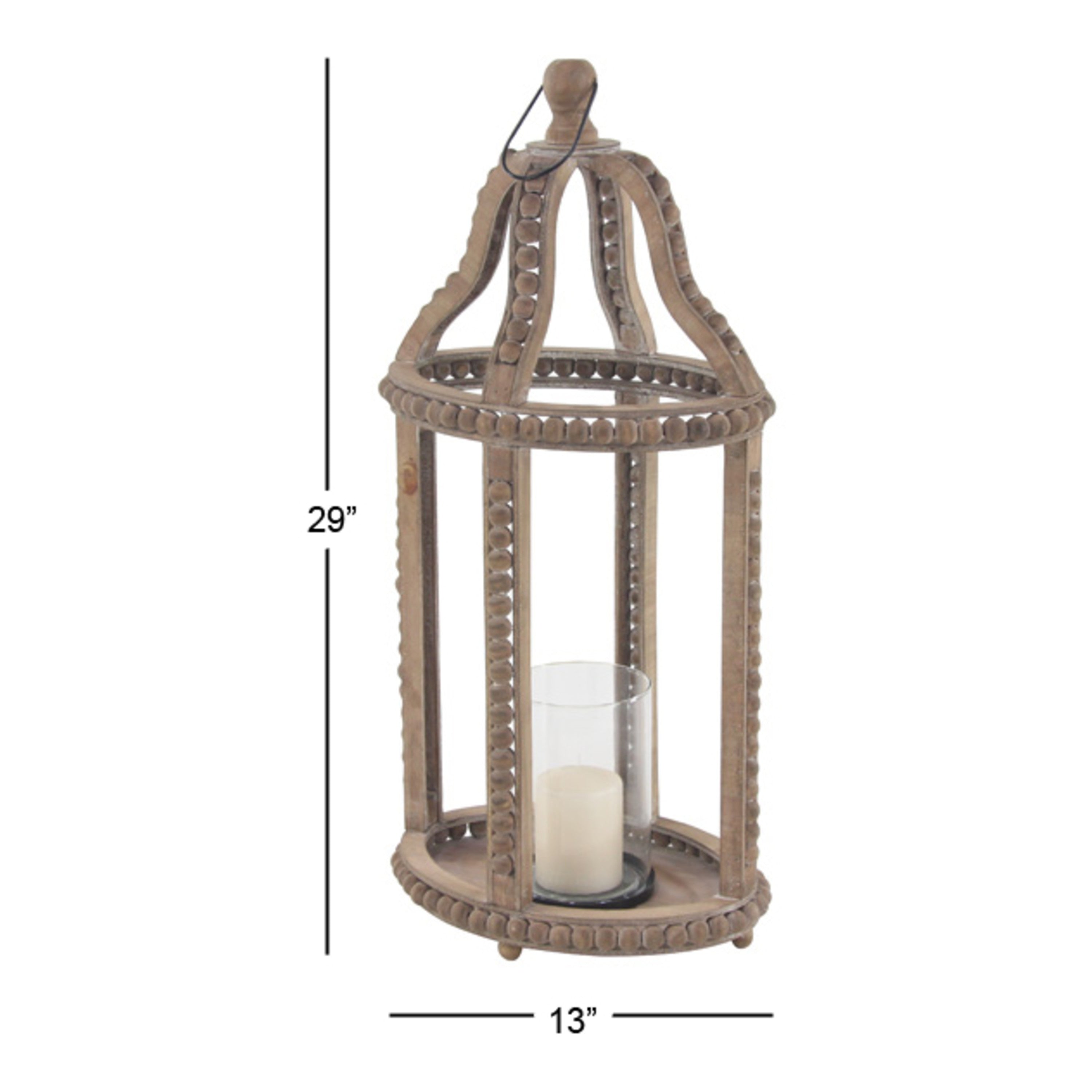 DecMode Brown Reclaimed Wood Beaded Pillar Candle Lantern