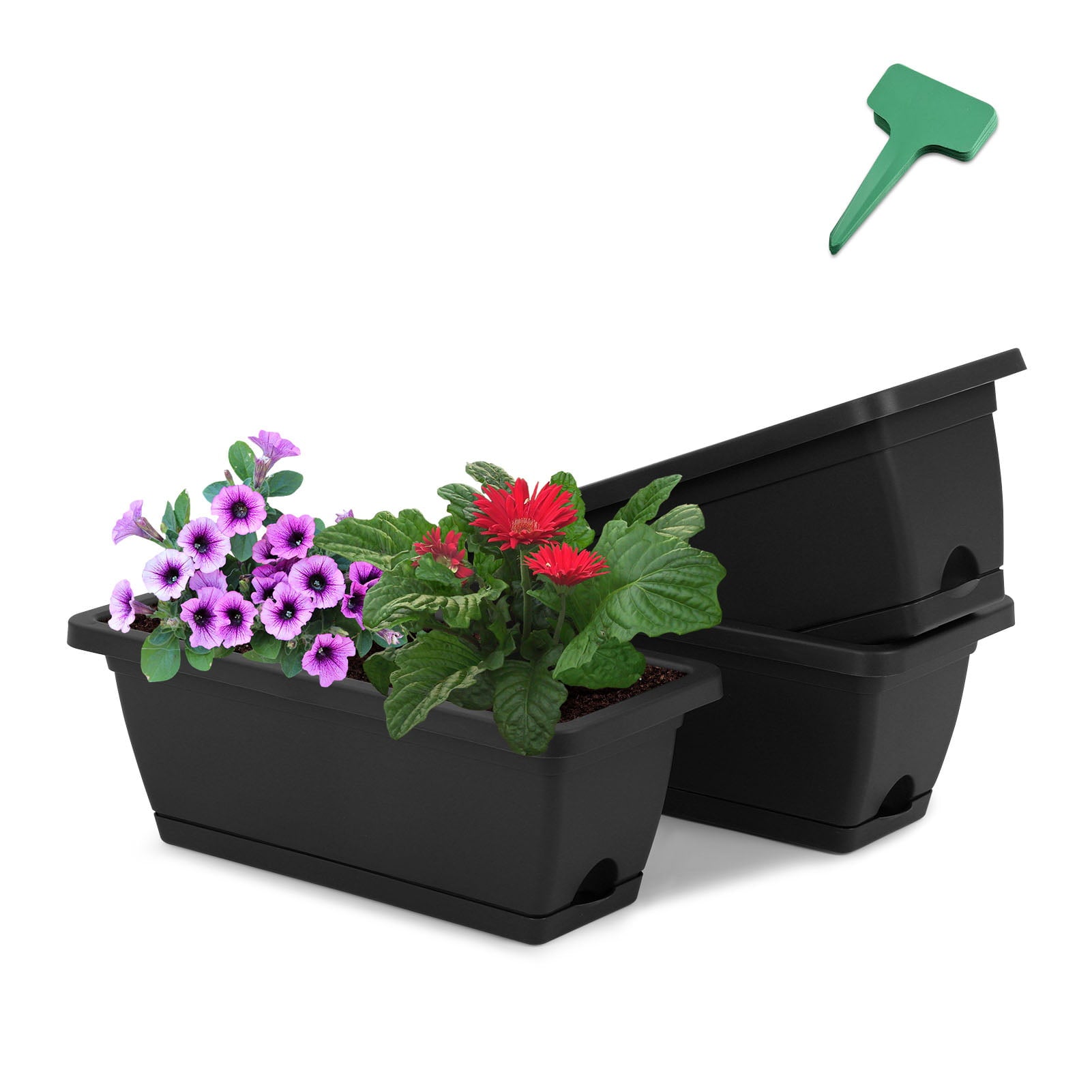 GROWNEER 17 Inches 3 Packs Black Window Box Rectangular Flower Vegetable Planter Boxes Plastic Flower Pot with 15 Pcs Plant Labels, Plant Container with Saucer for Windowsill, Patio, Garden, Home