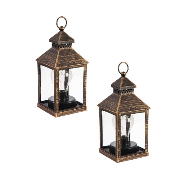 Evergreen Garden Outdoor Decor 8 5 quot h Battery Operated Twinkling Light Bulb Lantern Black With Brushed Gold Set Of 2