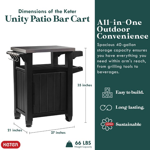 Keter Unity Portable 40 Gal Outdoor Table And Storage Cabinet W Accessory Hooks Stainless Steel Top For Patio Kitchen Island Or Bar Cart