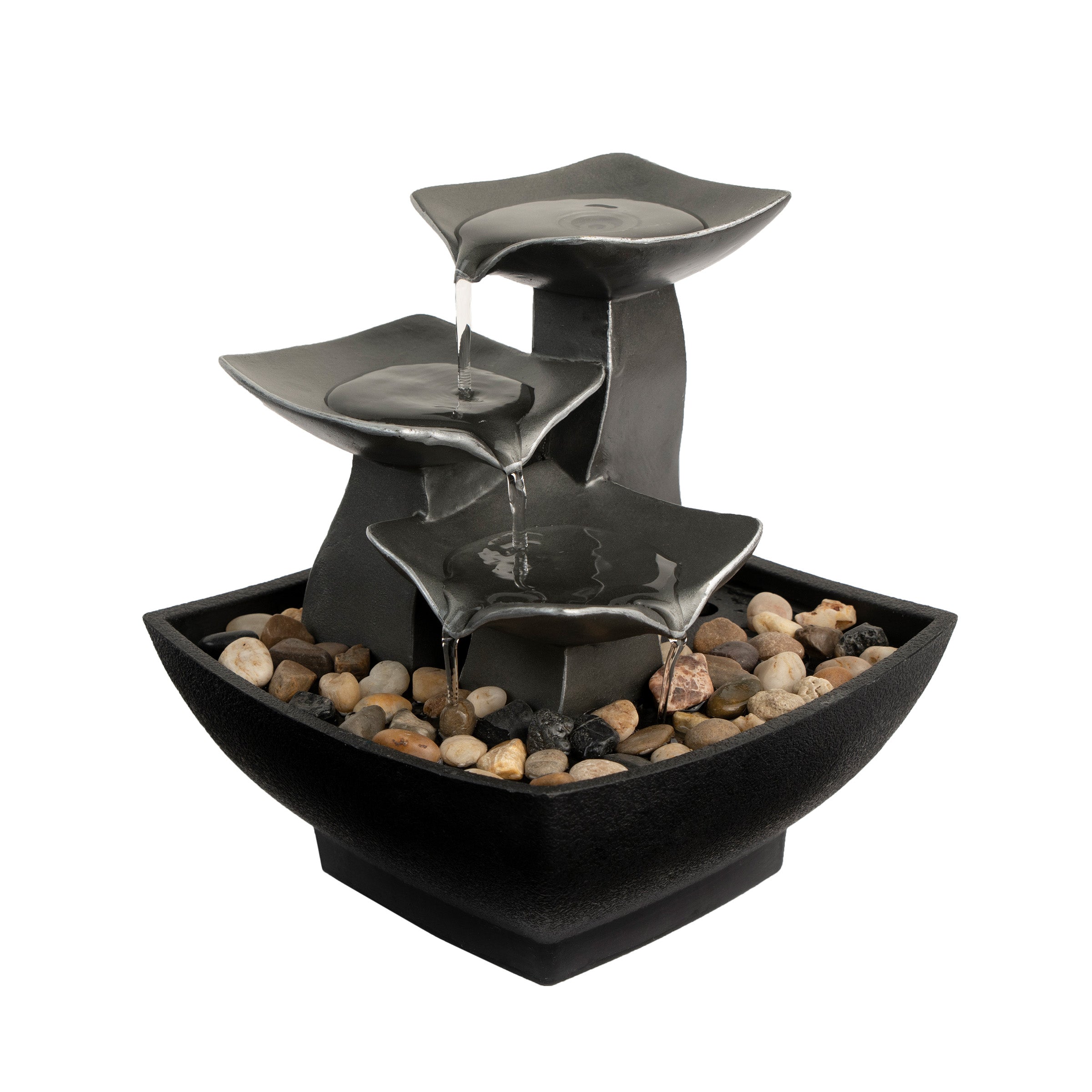 Villacera 3-Tier Tabletop Water Fountain - Raku Bowl and River Rocks