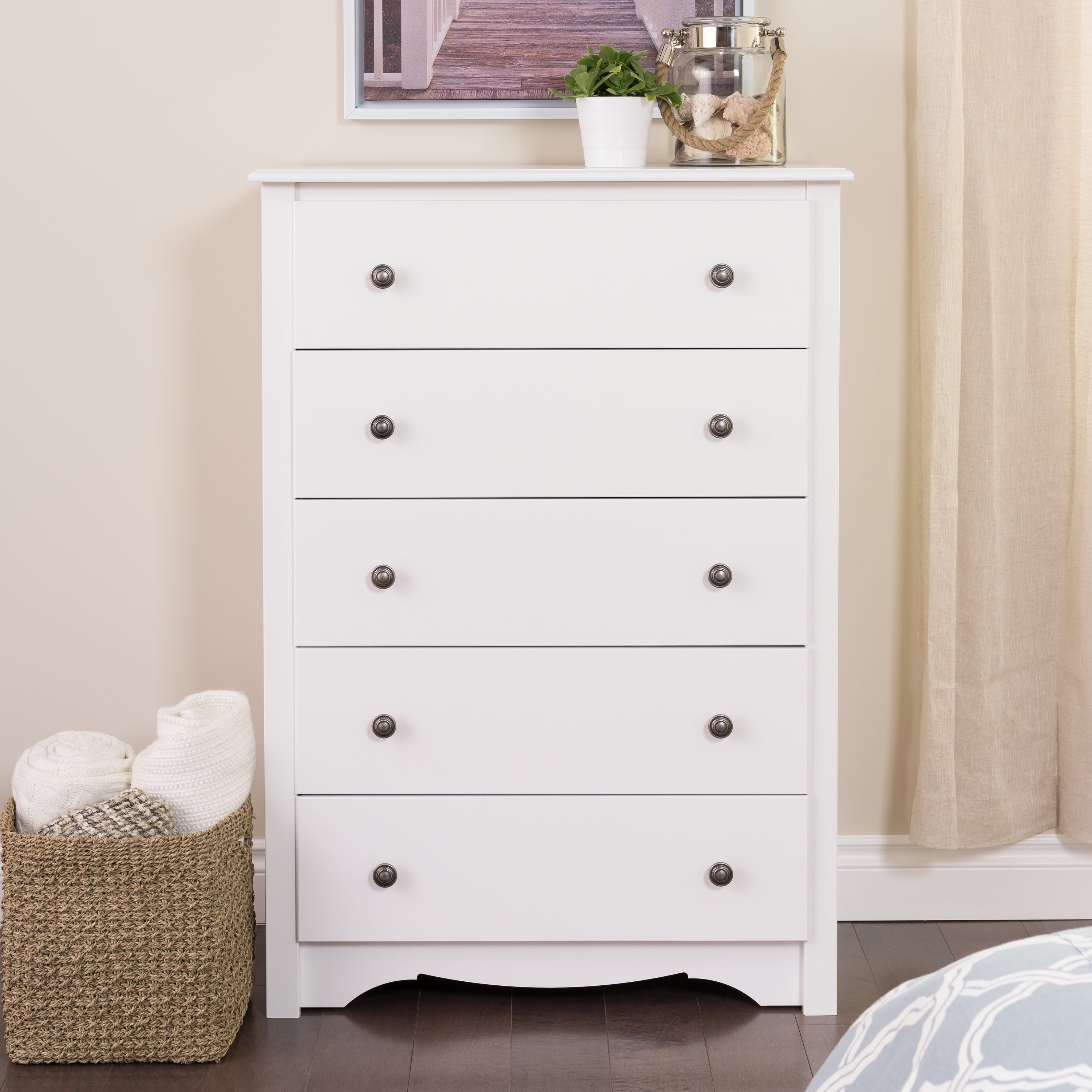 Prepac Monterey 5 Drawer Wooden Dresser Chest, 16" x 31.5" x 45.25", White