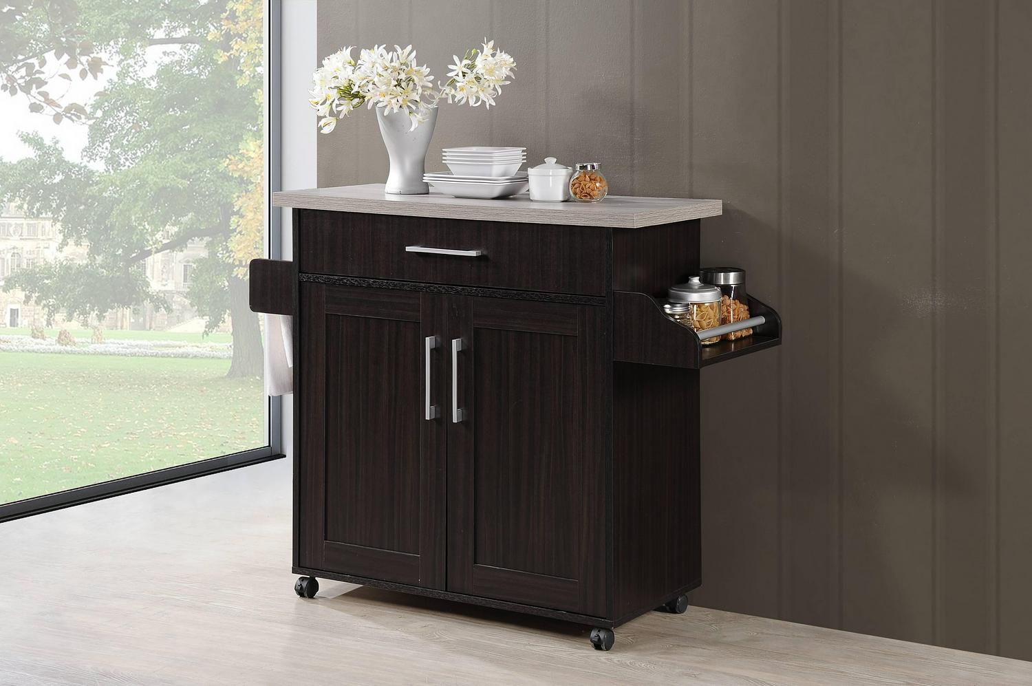 Hodedah Kitchen Cart with Spice Rack plus Towel Holder， Chocolate  Grey