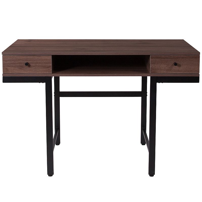 Merrick Lane Bridgewater Dark Ash Wood Grain Computer Desk with Black Metal Offset Legs and Frame and Two Drawers with Black Pulls